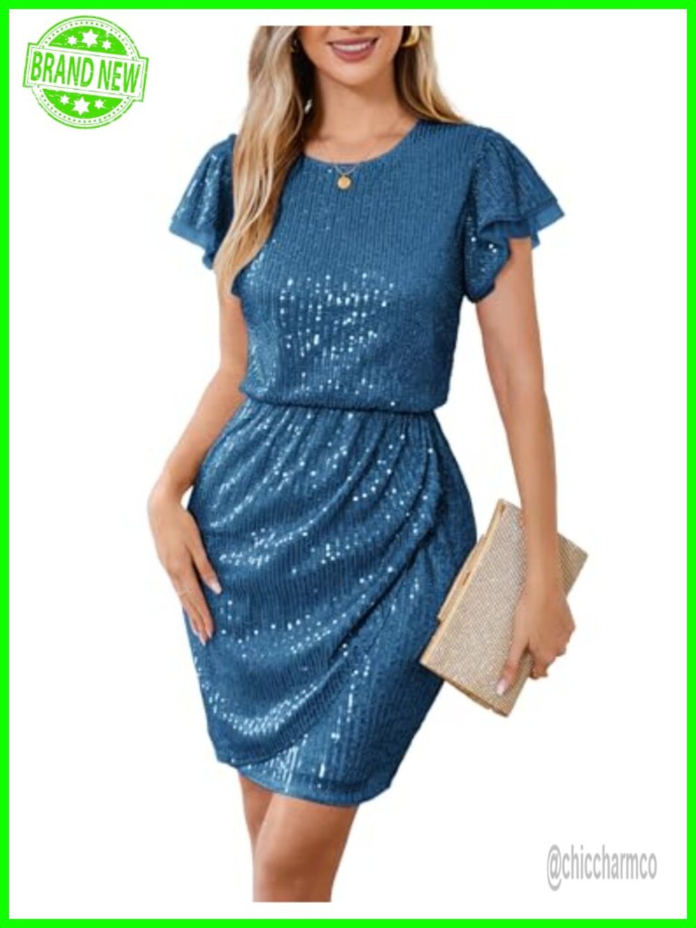 Sequin Midi Dress Cap Sleeve Keyhole Back